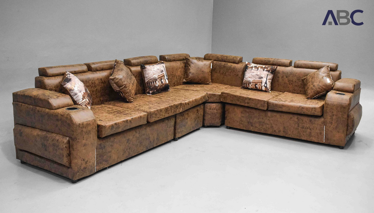 L Shaped Lounge Suite Brown Fabric (6 Seater 4 Piece) (1)